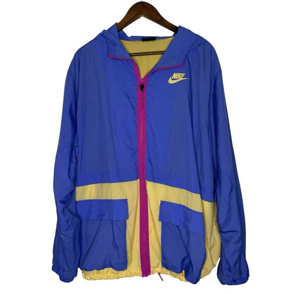 Nike Windbreaker Jacket Size 2X Colorblock Purple Yellow Retro Sporty Hooded - Picture 1 of 8